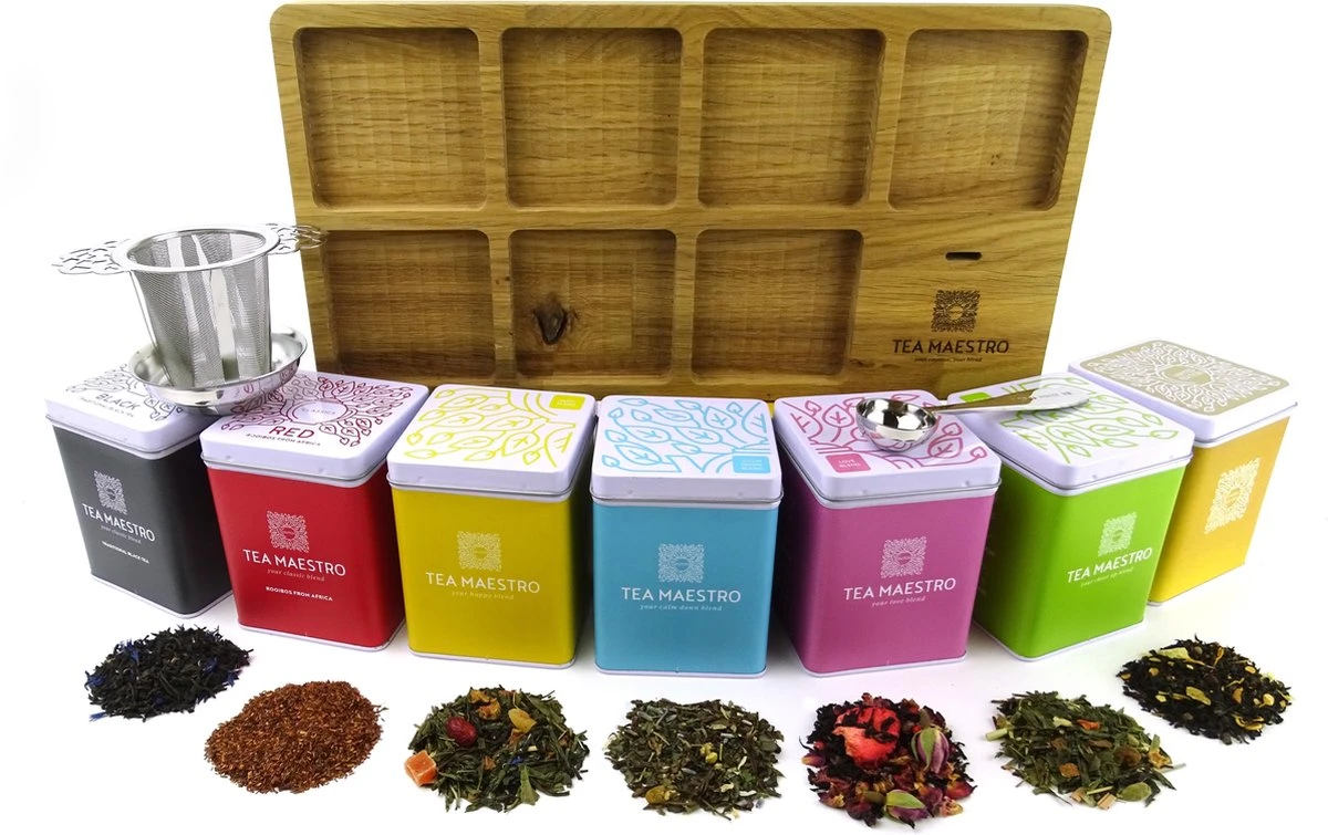 Dutch Tea Maestro - DUTCH TEA MAESTRO - Thee Cadeau - Thee Geschenk - Thee Pakket - Theeplank 7 Blikjes Losse Thee Cadeau - Afbeelding 3